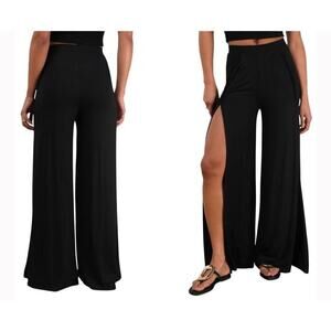 Lulus Knockout Black Knit Wide-Leg Slit-Front Pants Women’s Size  S